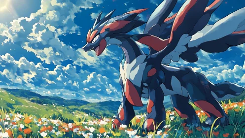 Winged quadruped creature in sunlit flowering grassland.