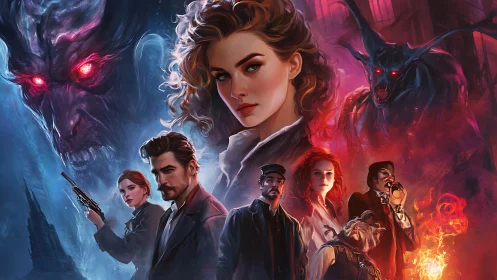 Gothic demon confrontation surrounding determined heroes.