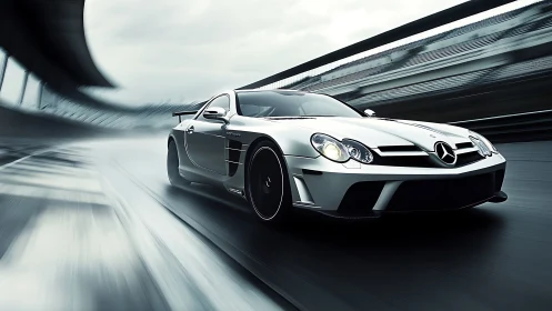 Silver Mercedes supercar slices wet racetrack at speed.