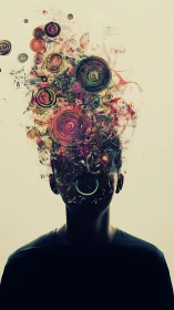 Silhouette portrait with swirling abstract colorful mindscape.