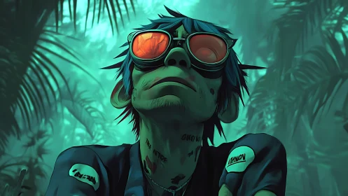 Blue haired character with red goggles in teal jungle scene.