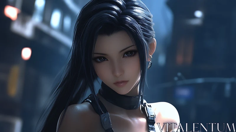 Cyber-noir portrait of anime heroine in shallow depth of field