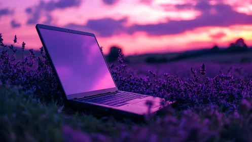Photorealistic laptop in violet meadow at neon sunset glow.
