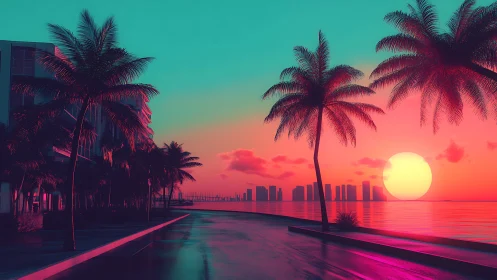 Neon sunset bathes a tropical waterfront city in vivid glow
