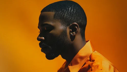 Side-lit male profile portrait against saturated orange backdrop