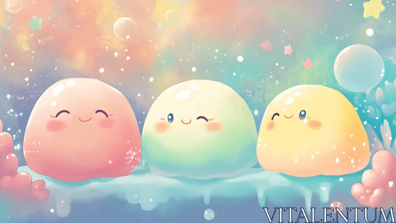 Three rounded characters in gradient pastel environment.