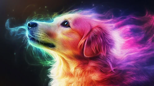 Radiant golden retriever gazes into a swirling neon cosmos