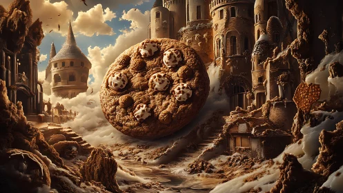Floating cookie over fantasy dessert cityscape scene.