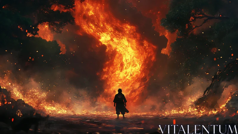 Silhouetted Figure Confronting Massive Inferno with Complex Particle Rendering