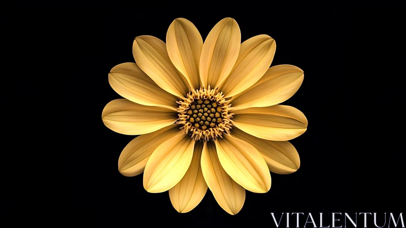 Golden Daisy Flower With Detailed Center Against Black Background