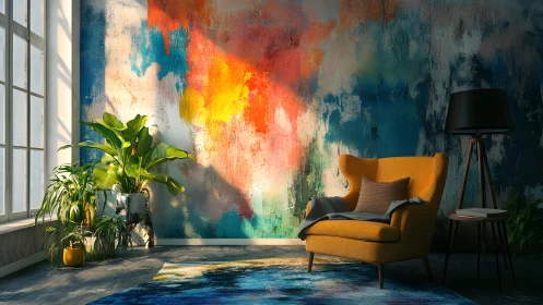 Modern living room with abstract mural and mustard armchair.
