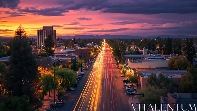 Sunset boulevard streaming light trails through cityscape.