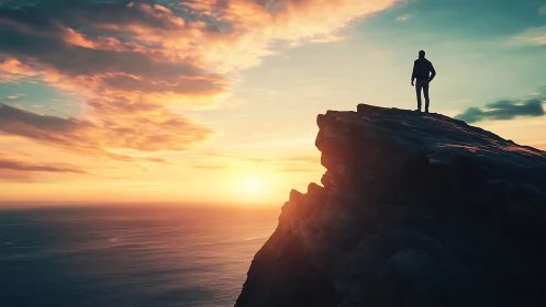 Silhouetted observer stands on coastal cliff against high-saturation sunset