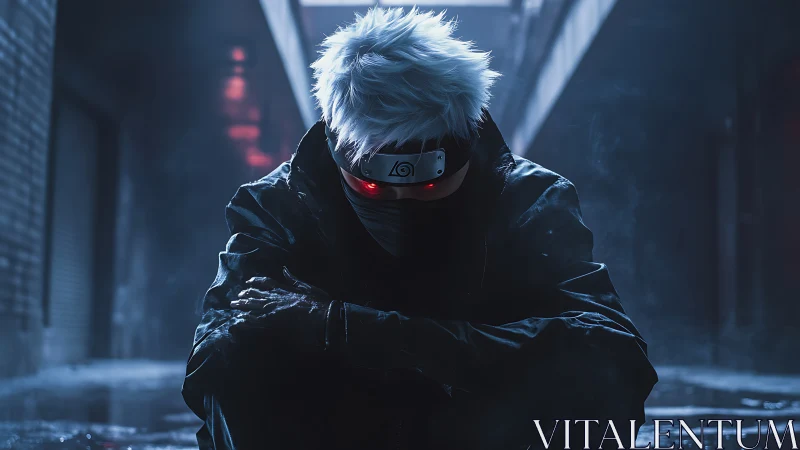 Masked white-haired figure in wet urban alley at night.