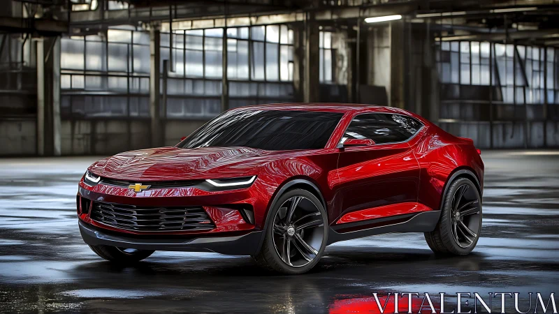 Sleek red Chevy concept car shines in an empty warehouse setting.