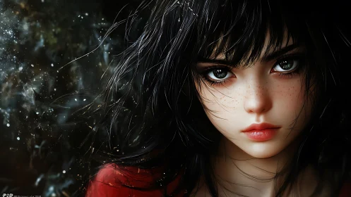 Freckled girl portrait with luminous eyes in stormlight.