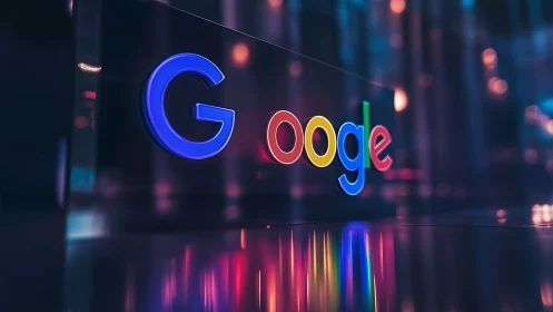 Google logo glows in neon colors on a sleek glass surface