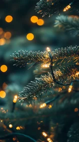 Christmas fir branch with golden bokeh and string lights.