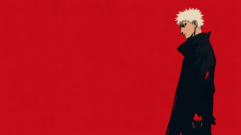 Blond anime loner in black coat against bold red field
