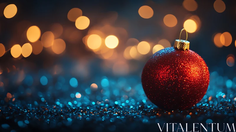 Crimson Christmas bauble glows amid sapphire holiday bokeh.