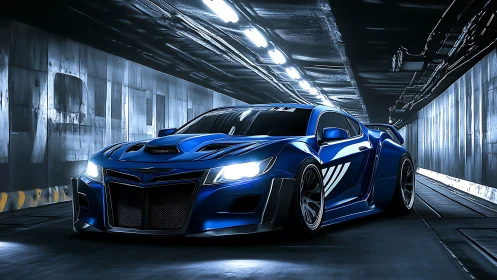 Blue widebody sports car rendered in a metallic tunnel