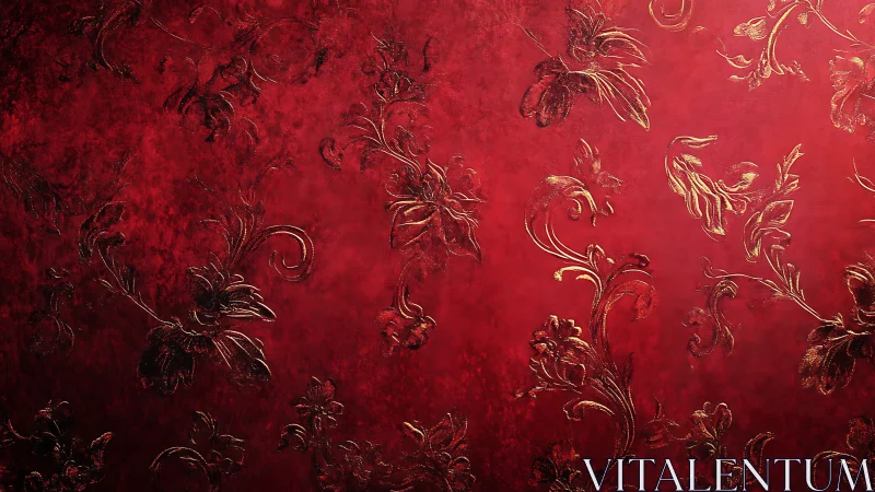 Scarlet brocade wall with burnished gold floral whispers.