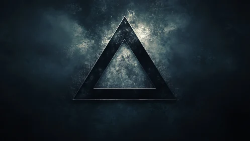 Dark metallic triangle glows against textured cosmic void.