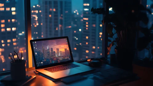 Laptop on desk faces illuminated city skyline at dusk