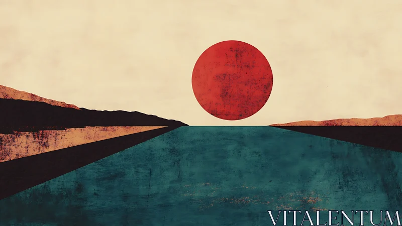 Minimalist red sun settles over abstract coastal horizon.