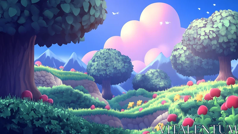 Fantastical landscape with vibrant flora and cloud formations.