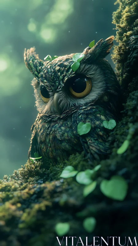 Moss‑textured owl with leaf plumage rendered in shallow depth of field