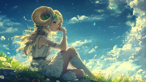 Starlit horned maiden surveying luminous stratocumulus sky.