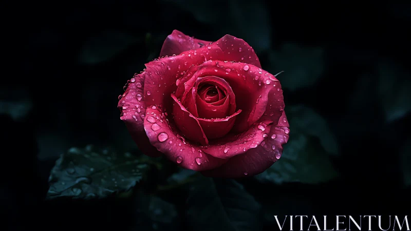 Red Rose with Water Droplets on Dark Background.