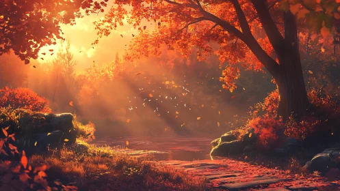 Autumn forest path beside stream under directional sunlight.