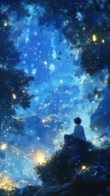 Solitary figure in bioluminescent blue forest nightscape