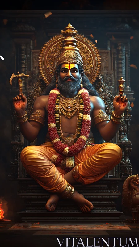 Divine seated deity in ornate temple with vivid garlands.