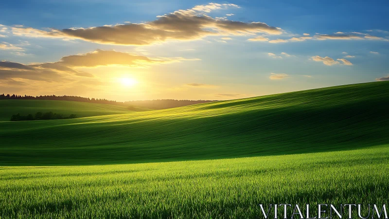 Sunlit agrarian hills display layered gradients and dynamic contours