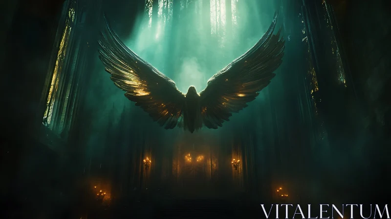 Luminescent winged figure suspended in misty gothic nave