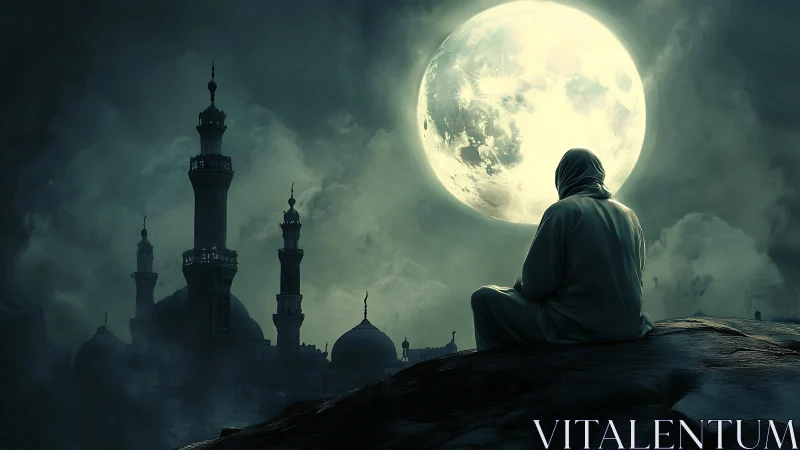 Solitary figure under full moon beside misty minarets.