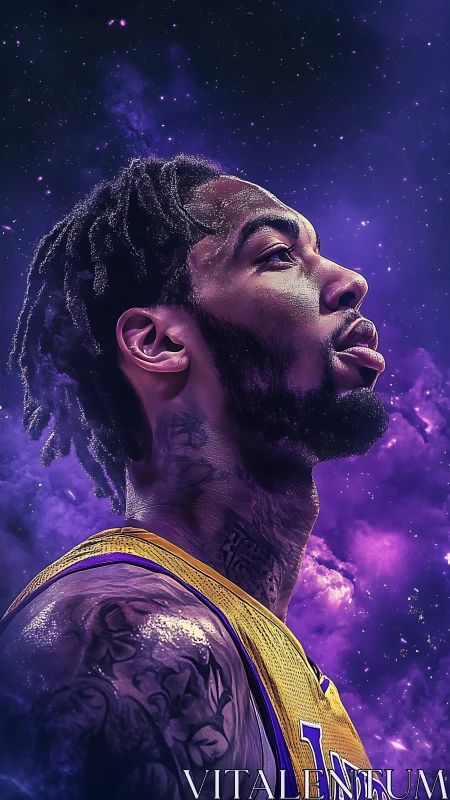Basketball star portrait glows against a cosmic purple sky