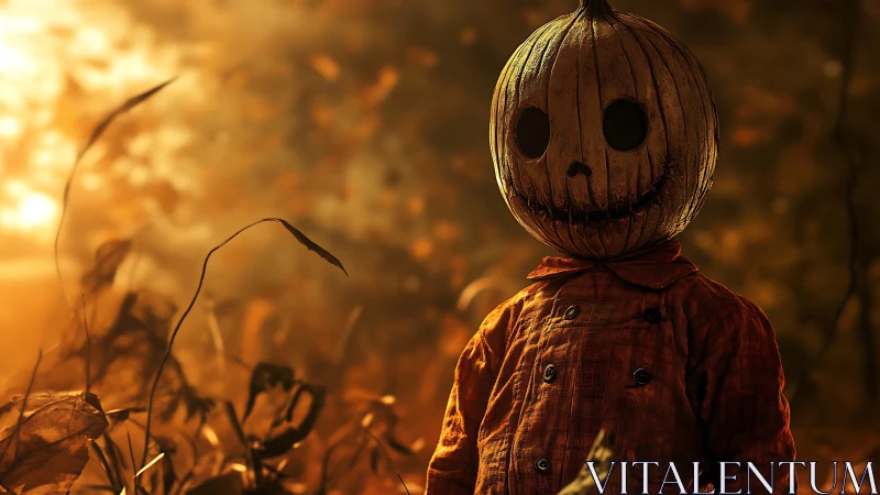 Pumpkin-headed child in shallow-depth autumn field under warm backlight