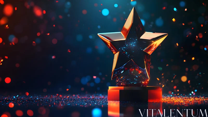 Shining Star Trophy on Glittering Stage, Vibrant Digital Art.