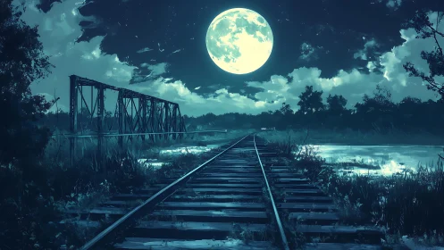 Digital moonlit railway landscape with atmospheric depth rendering.
