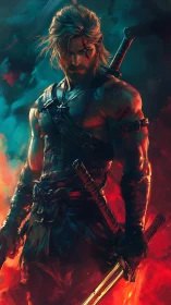 Bicentric dual-sword warrior in chromatic thermal contrast.