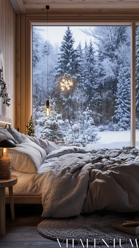 Snowy cabin bedroom glows softly beside a winter forest view