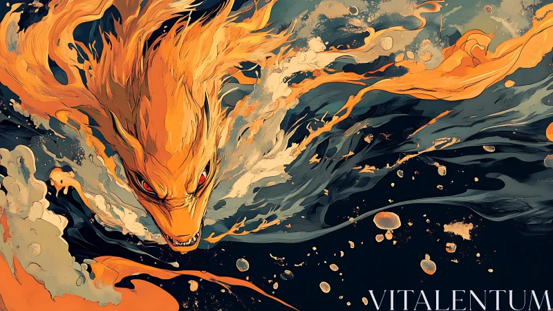 Fiery fox spirit surges through turbulent ink-dark waves