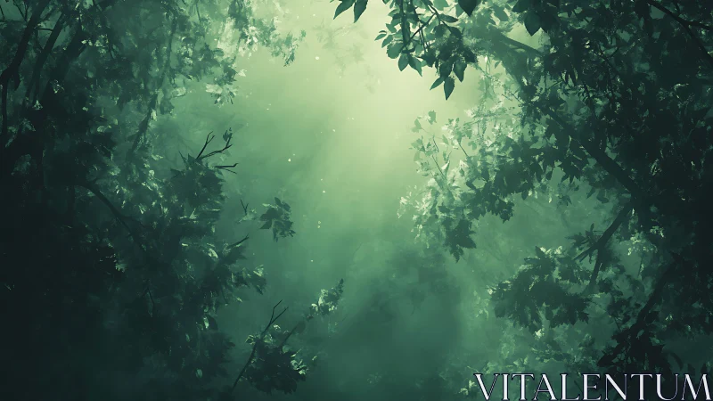 Luminescent Forest Canopy Through Atmospheric Mist.