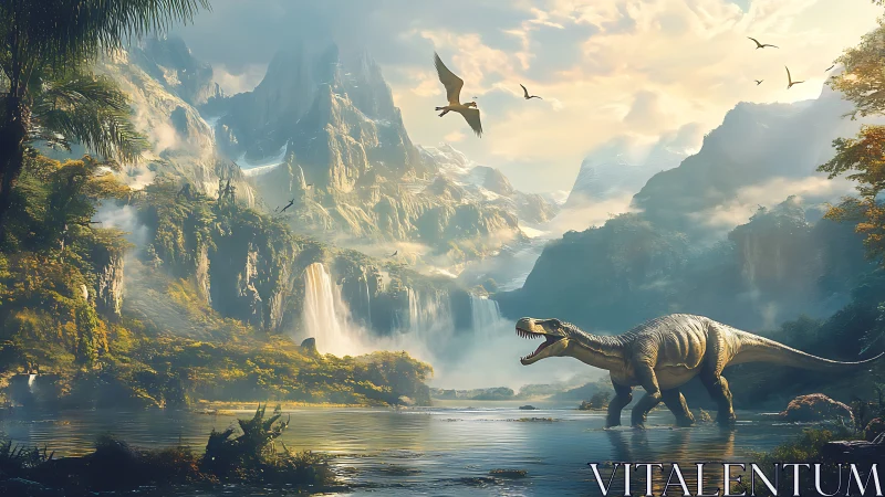 Digital painting of dinosaurs in a misty primeval valley.