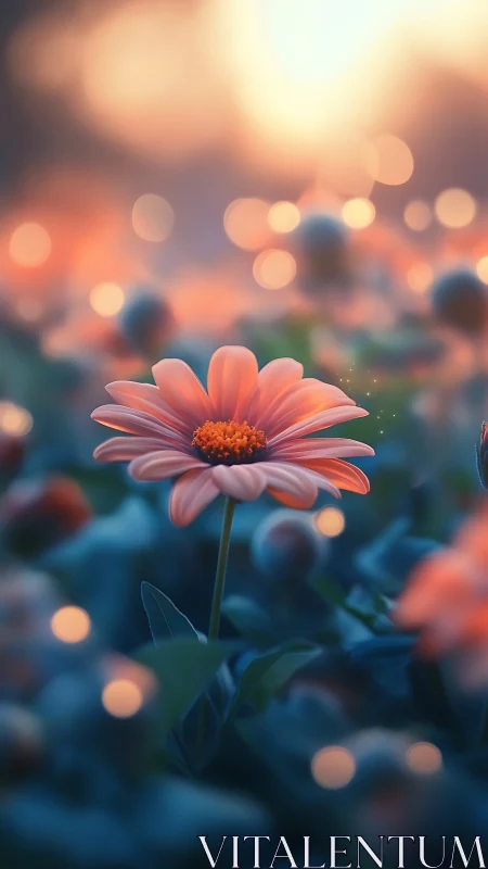 Soft coral daisy glows gently against a dreamy dusk bokeh