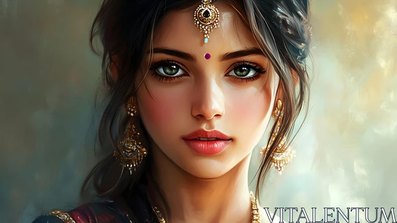 Emerald-eyed woman adorned with ornate golden jewelry.